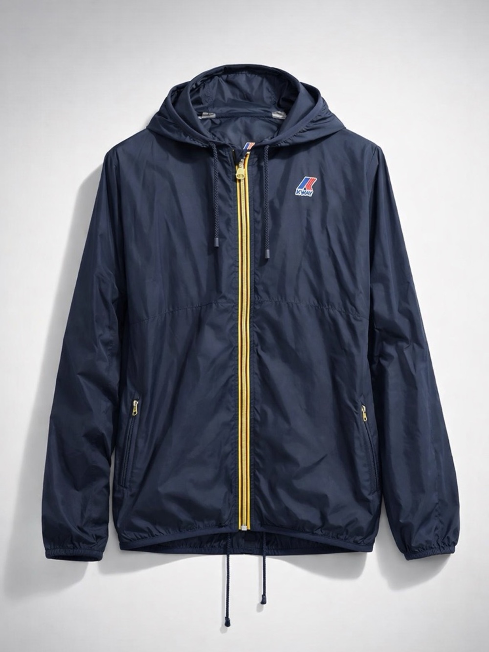 K-Way Men's Navy Hooded Windbreaker with Yellow Zip